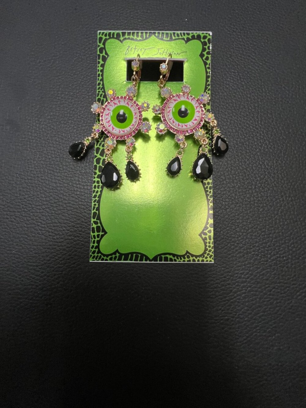 BETSEY JOHNSON DANGLE DROP EYEBALLS EARRINGS W BLACK CRYSTAL TEARS MULTI COLOR